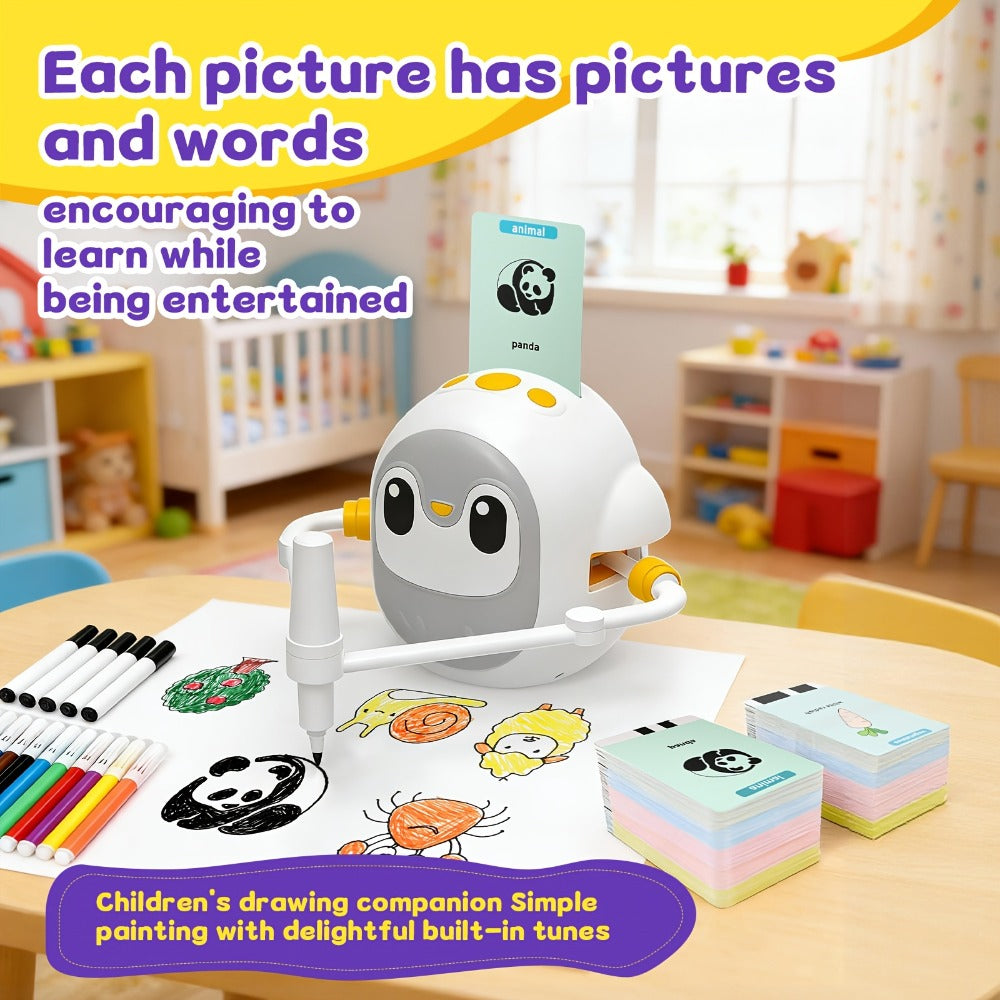 Drawing Robot for Kids Penguin, 200 Learning Cards & 12 Color Pens, STEM Art Educational Toy, Screen-Free Interactive Drawing Game