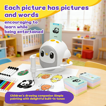 Drawing Robot for Kids Penguin, 200 Learning Cards & 12 Color Pens, STEM Art Educational Toy, Screen-Free Interactive Drawing Game