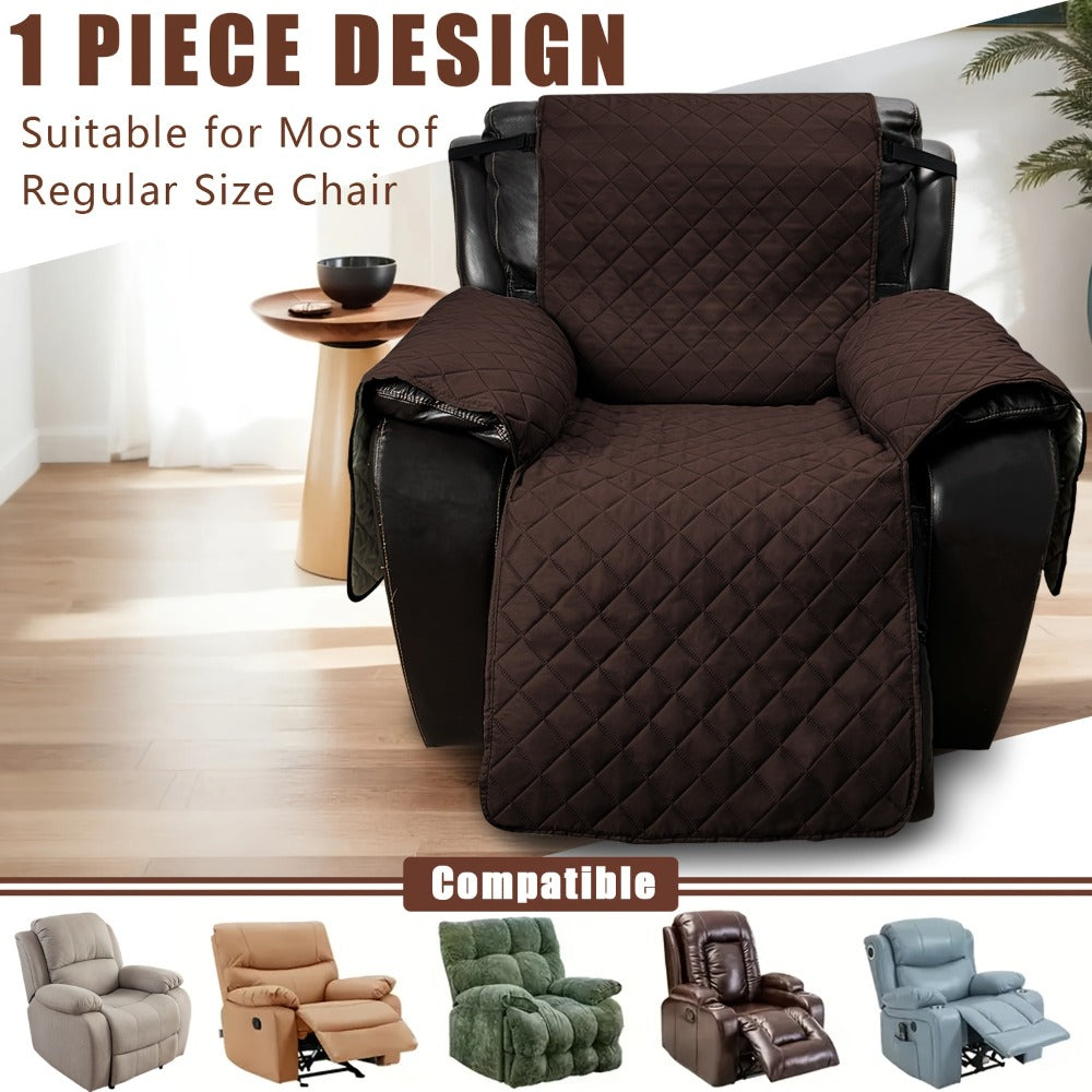 One-Piece Quilted Recliner Chair Cover with Wide Arm Wings, Back Strap and Eight Color Options