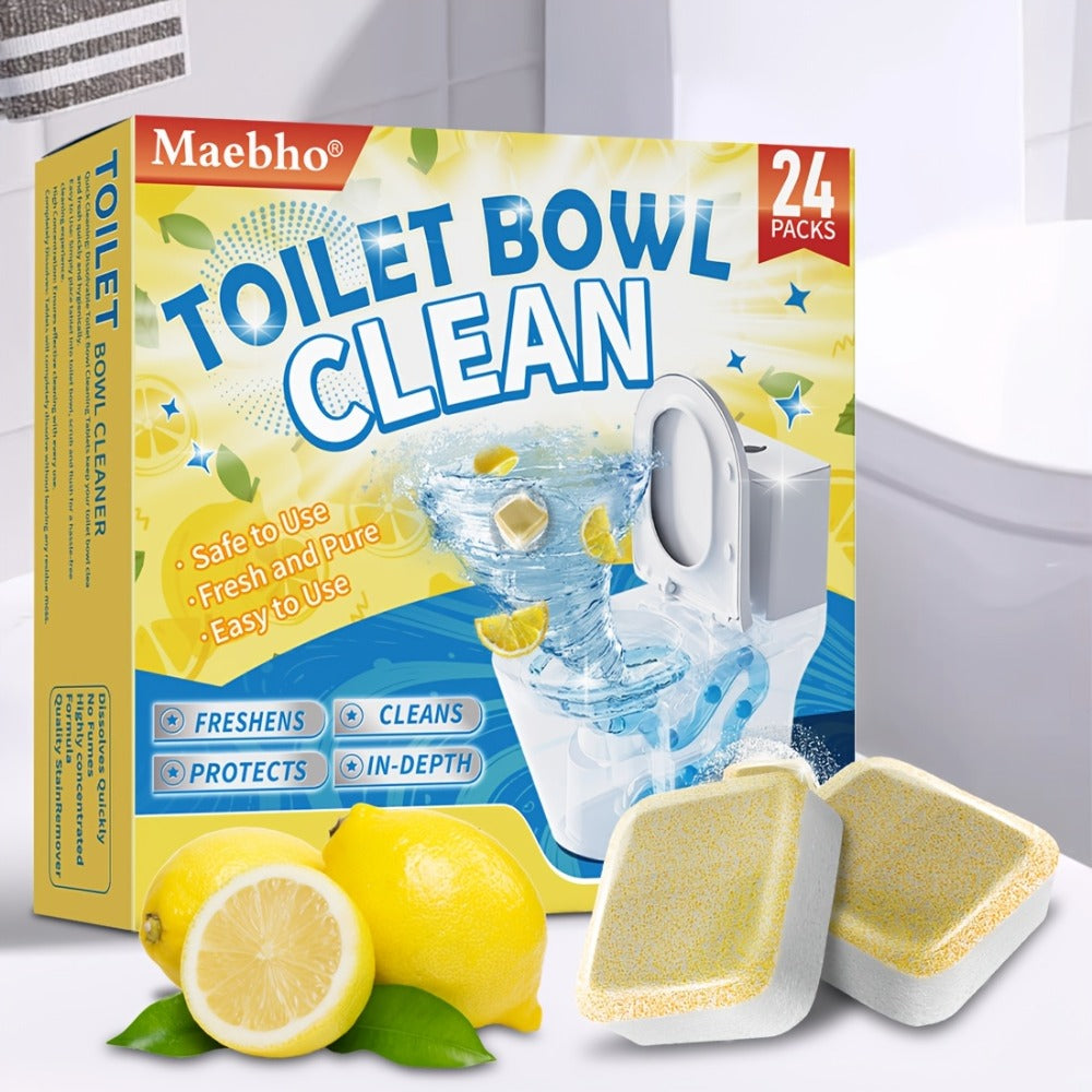 Yellow Toilet Bowl Cleaner Tablets with Lemon Graphics and 24-Piece Box Option in Pictured 10 x 14 cm Package