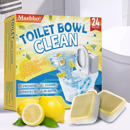 Yellow Toilet Bowl Cleaner Tablets with Lemon Graphics and 24-Piece Box Option in Pictured 10 x 14 cm Package