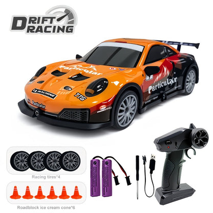 Alloy RC Drift Car 1:24 Scale 4WD 28KM/H with Drift Tires LED Lights Barricades & 2 Batteries