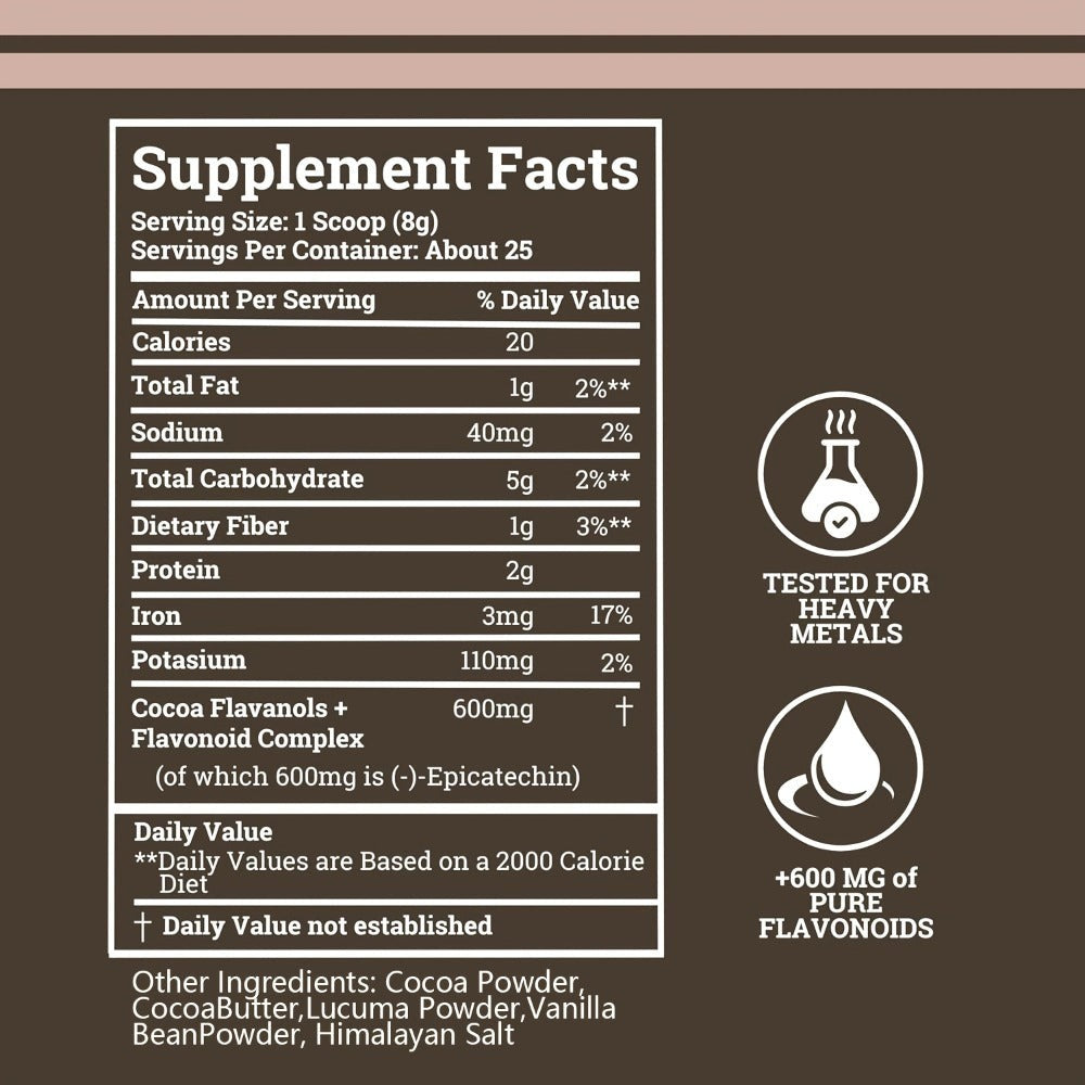 High Flavanol Cocoa Powder 1200mg Per Serving, Cocoa Flavanols & Epicatechin, Unsweetened Dark Chocolate Cacao Powder for Baking