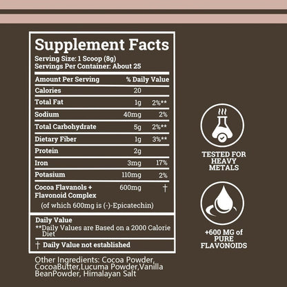 High Flavanol Cocoa Powder 1200mg Per Serving, Cocoa Flavanols & Epicatechin, Unsweetened Dark Chocolate Cacao Powder for Baking