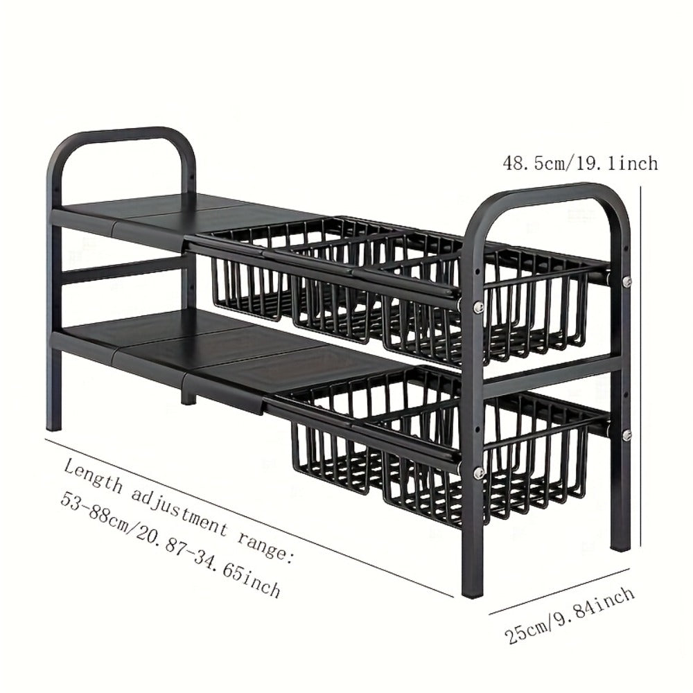 Expandable Two-Tier Under-Sink Organizer with L-Shaped Frame, Removable Panels and Hanging Basket Options