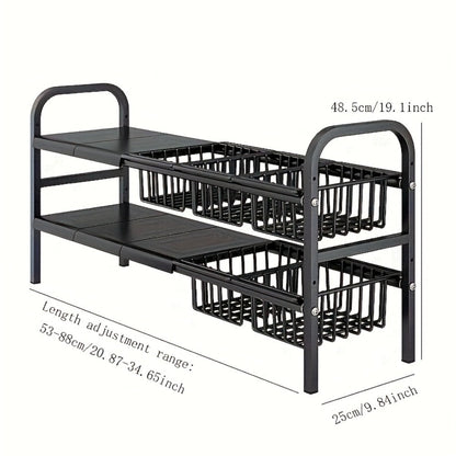 Expandable Two-Tier Under-Sink Organizer with L-Shaped Frame, Removable Panels and Hanging Basket Options