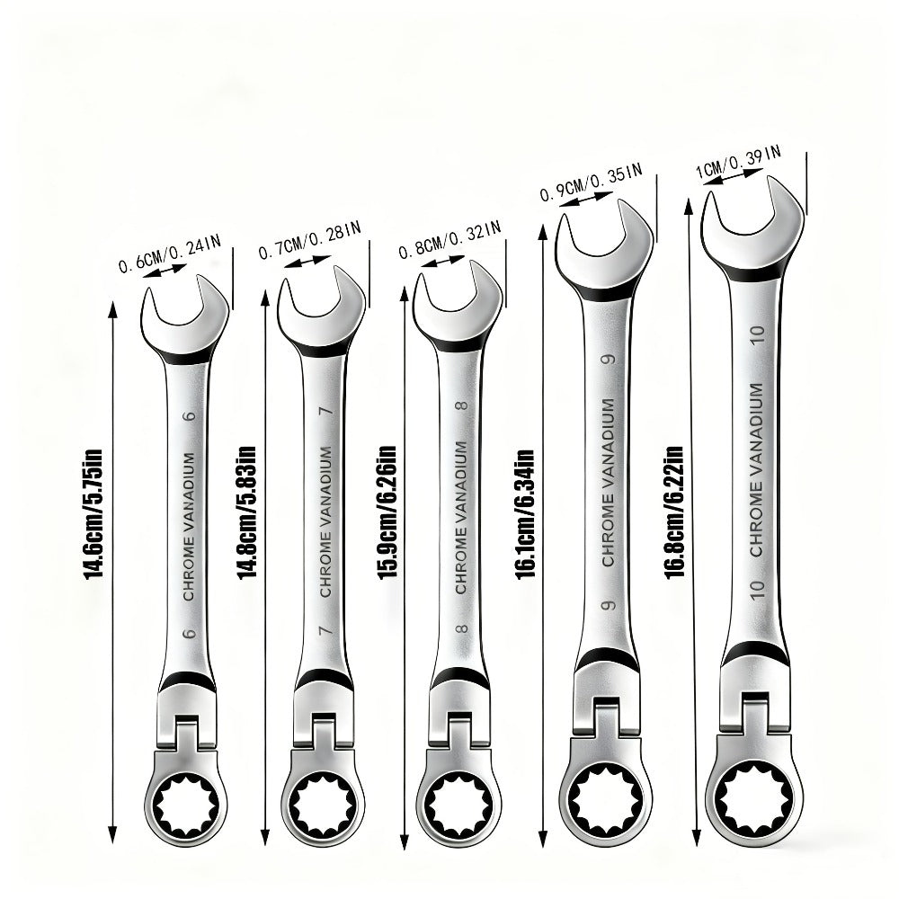 Ratchet Wrench Set 5pcs Flexible Head 6-10mm Metric Chrome Vanadium Steel 72-Tooth Combination Wrench for Home, Garage and DIY Projects