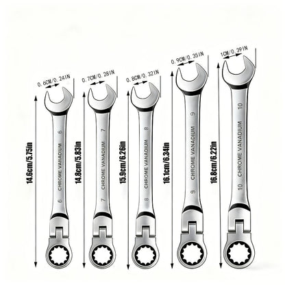 Ratchet Wrench Set 5pcs Flexible Head 6-10mm Metric Chrome Vanadium Steel 72-Tooth Combination Wrench for Home, Garage and DIY Projects