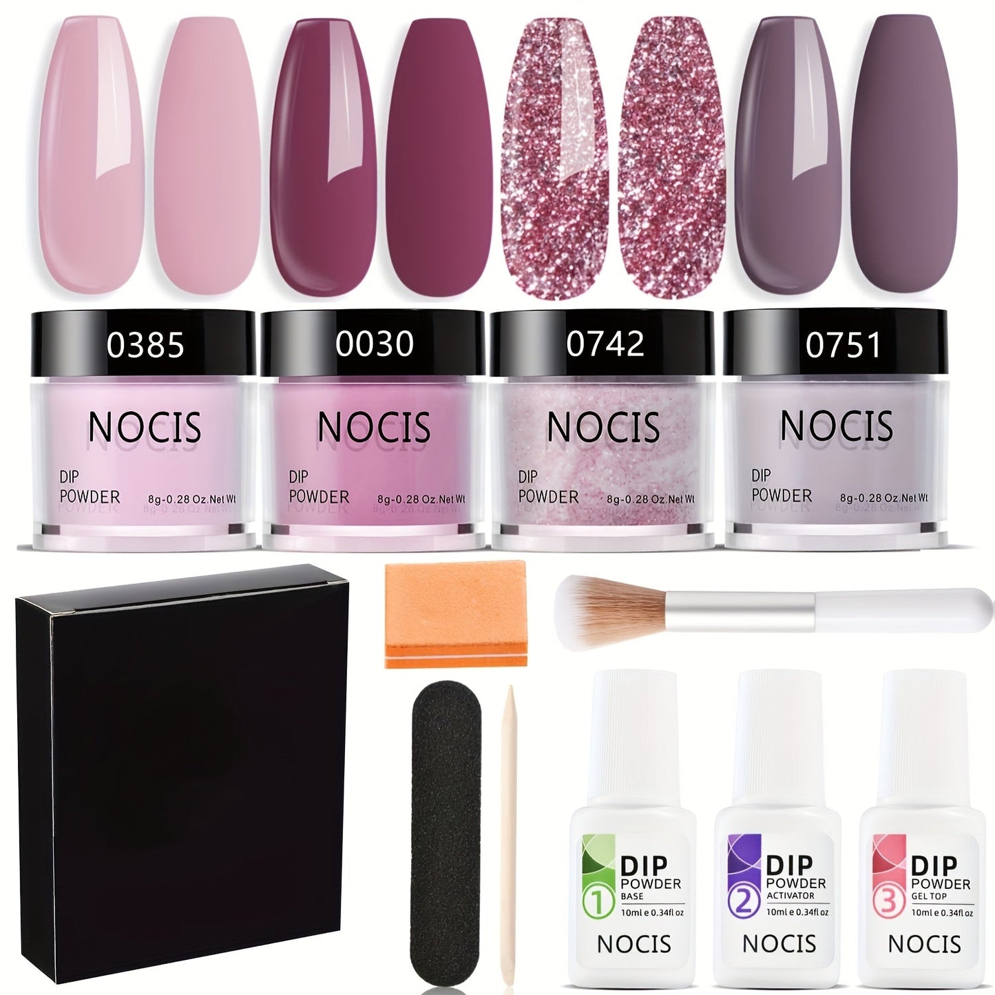 Dip Powder Nail Kit with NOCIS Label, Four Nude Pink Glitter Powders, Three 10ml Liquids and Four Tools
