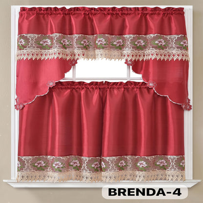Kitchen Curtains 3 Piece Set Embroidered Satin Valance and Tiers – Rod Pocket Light Filtering Machine Washable 46 Colors