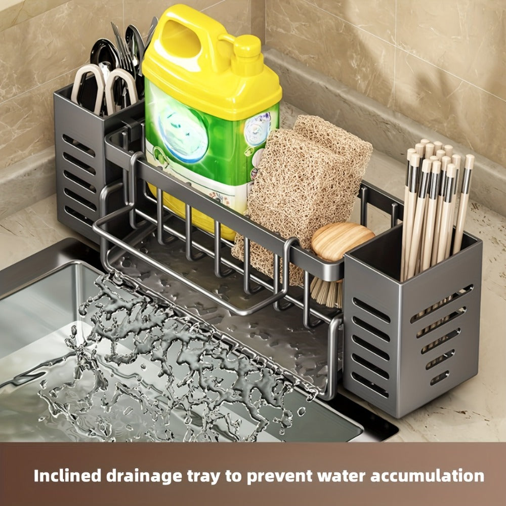 Kitchen Sink Organizer Sponge Holder with Self-Draining Tray Removable Rag Rod Carbon Steel for Home Cooking, Dining and Outdoor Meals