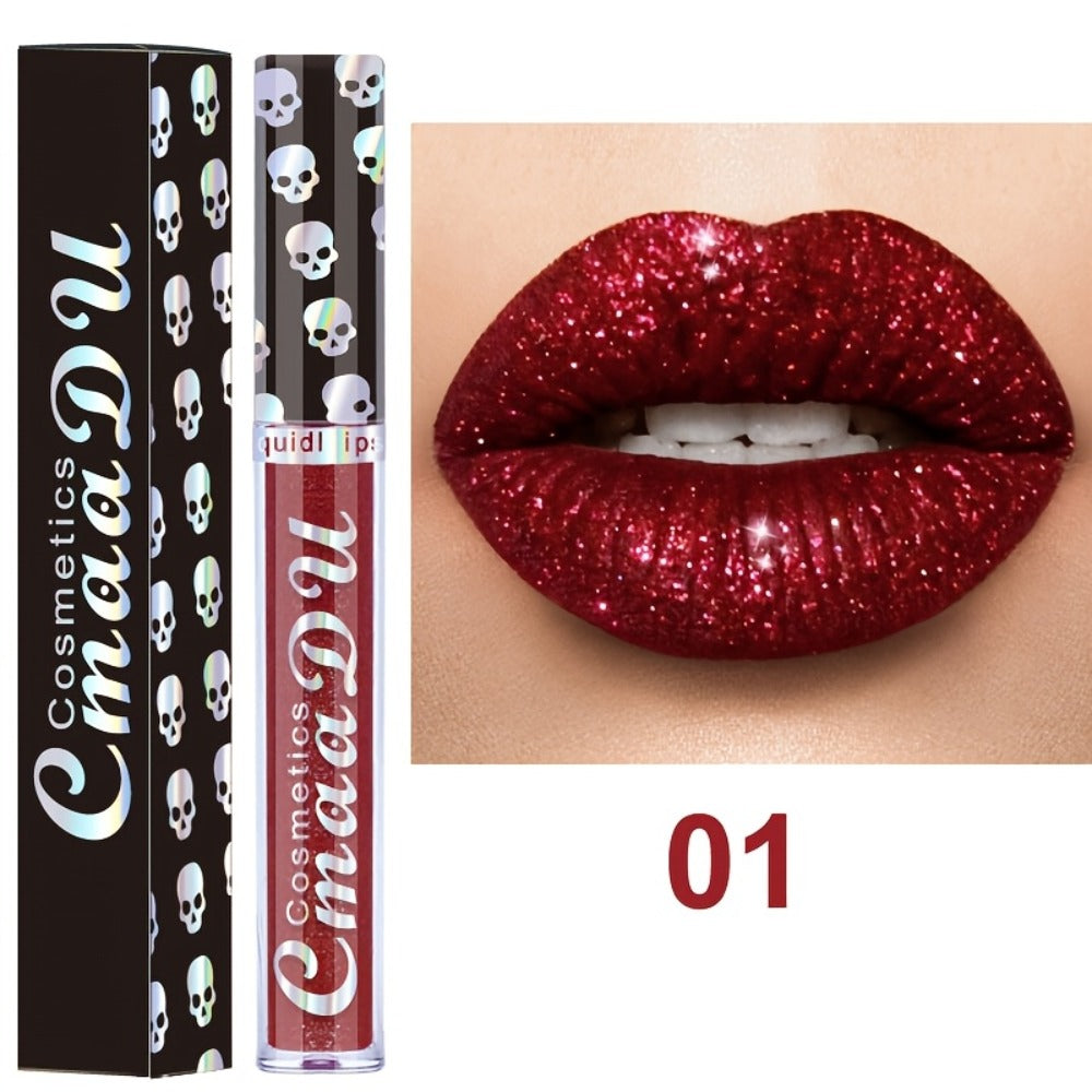Glitter Lip Gloss Set 3pcs Skull Design Shimmer Liquid Lipstick Long Lasting Easy Remove Bold Shiny Lip Color for Music Festival Rave Party
