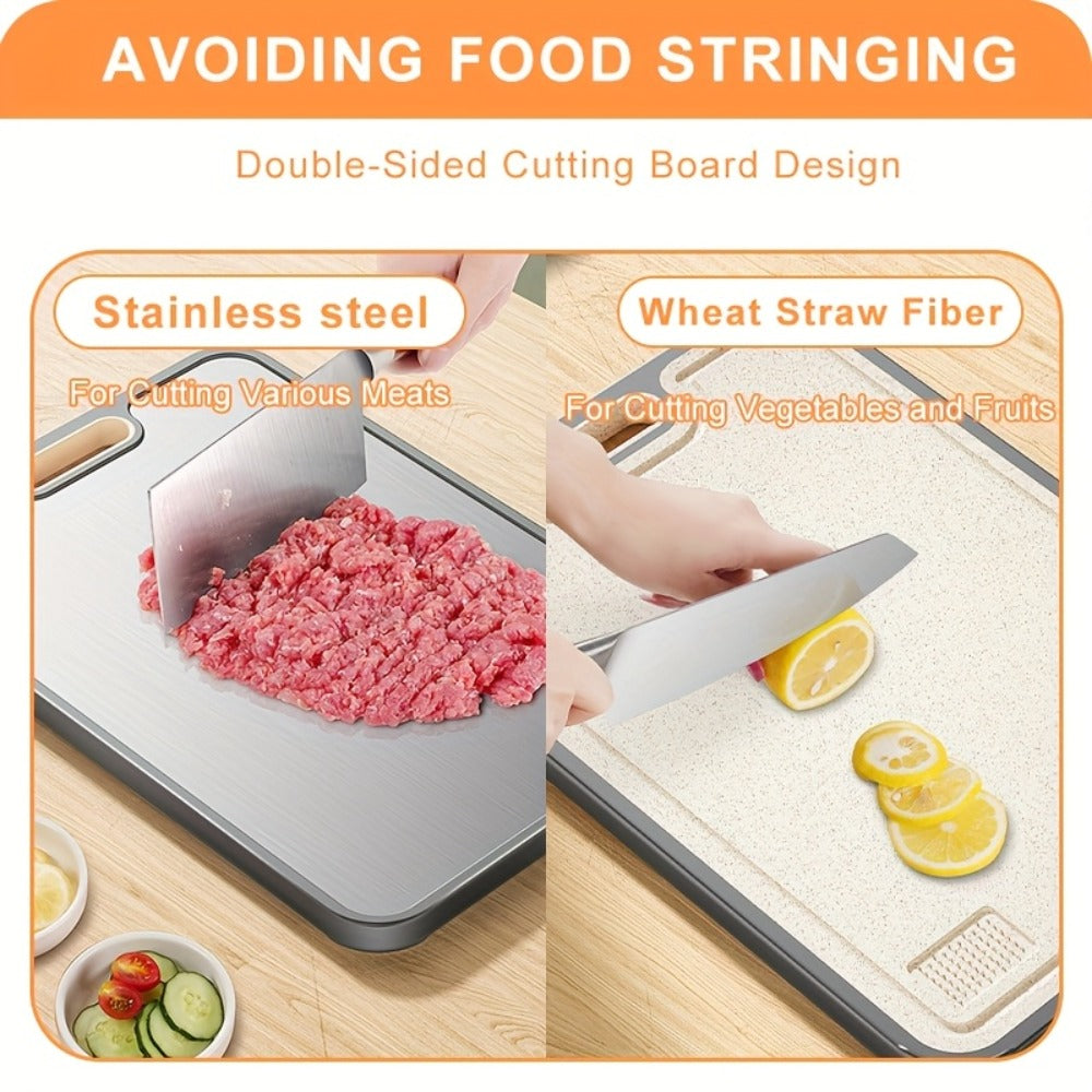 Double-Sided Cutting Board with Stainless-Steel and Wheat-Straw PP Faces, Handle and 16 x 11-Inch Size