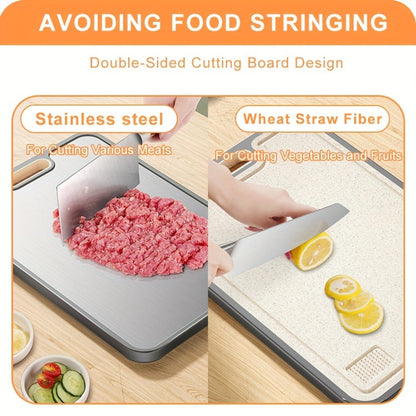 Double-Sided Cutting Board with Stainless-Steel and Wheat-Straw PP Faces, Handle and 16 x 11-Inch Size