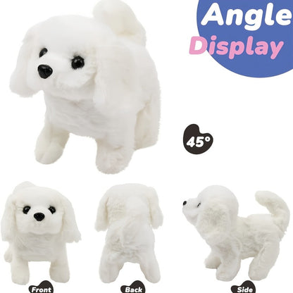 White Realistic Robot Dog Toy, Interactive Walking, Barking & Tail Wagging, Expressive Eyes, Plush Biomimetic Pet