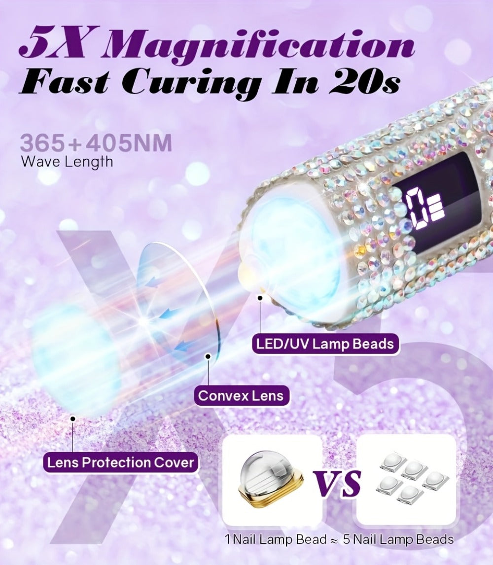 Rechargeable Single Finger LED Nail Lamp UV Gel Curing Light 365nm 405nm Dual Wavelength Rhinestone