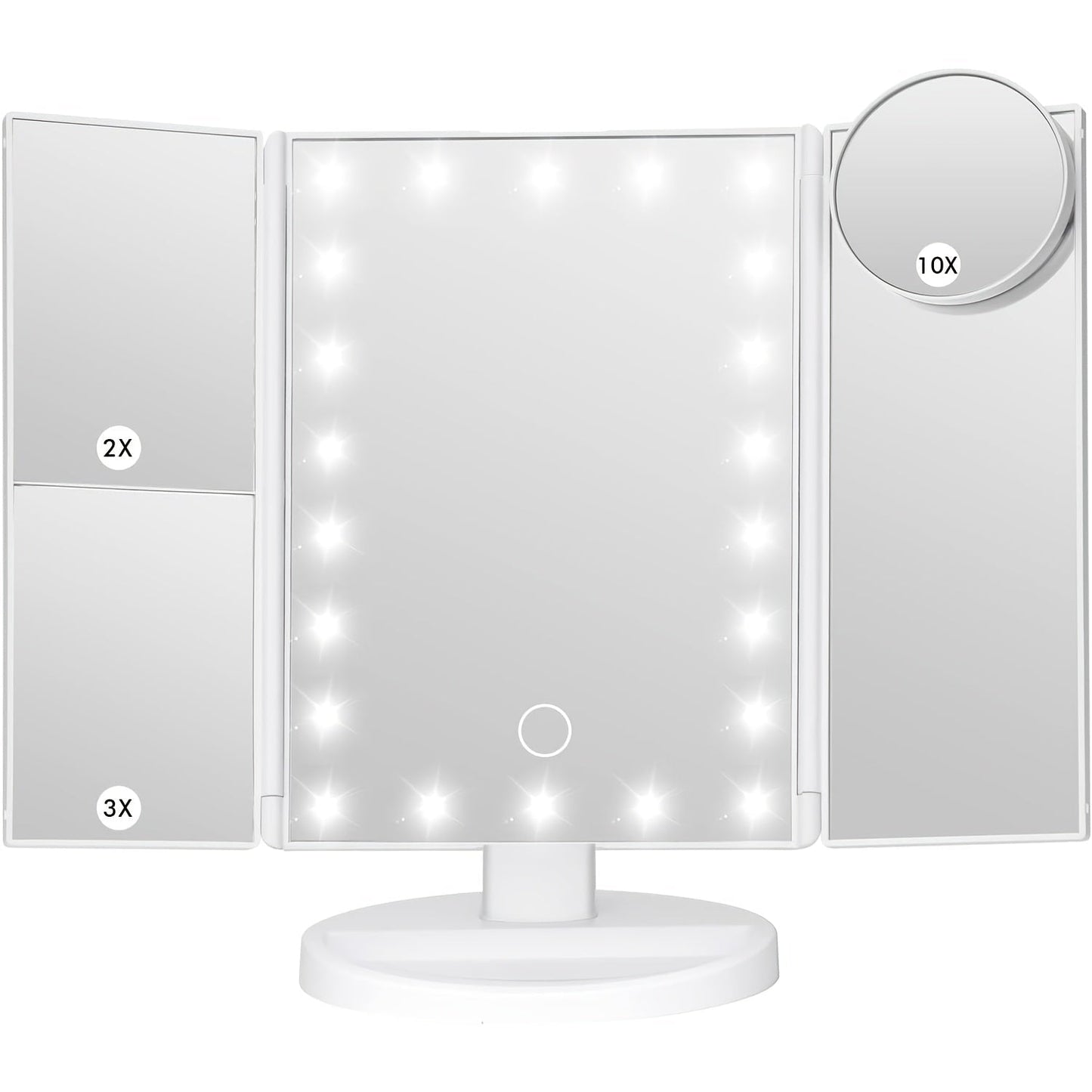 LED Tri-Fold Makeup Mirror with Touch Screen, 1X/2X/3X/10X Magnifying Vanity Mirror, Flexible Adjustable Base