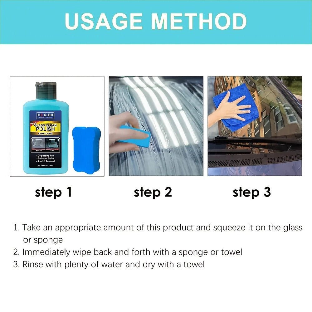 Car Glass Polish by HEXIBII, 150ml Oil-Film Cleaner Compound with Two Sponge Applicators for Windshields