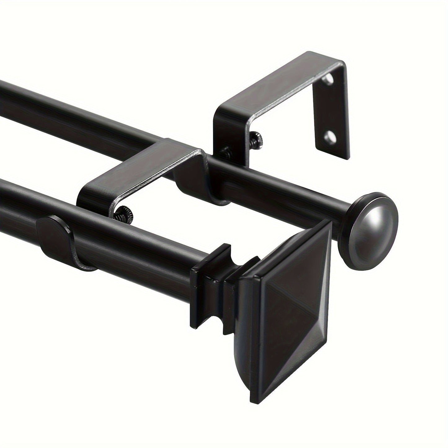 Double Curtain Rod Set with Square Urn Finials, Dual Brackets and Five Finish Options for Layered Panels
