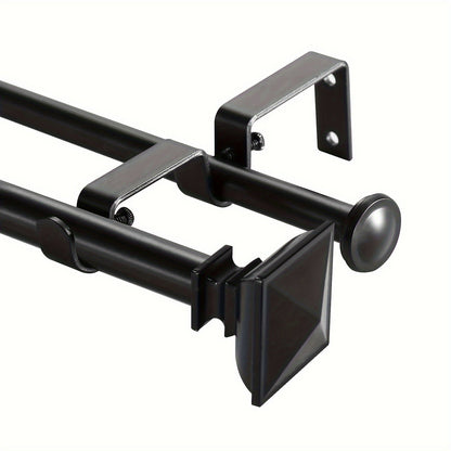 Double Curtain Rod Set with Square Urn Finials, Dual Brackets and Five Finish Options for Layered Panels