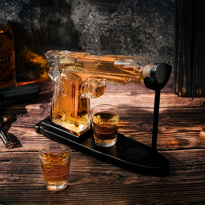 Whiskey Gun Decanter Set 10oz with 2 Bullet Shot Glasses & Wooden Stand, Handgun Shaped Liquor Decanter for Home Bar