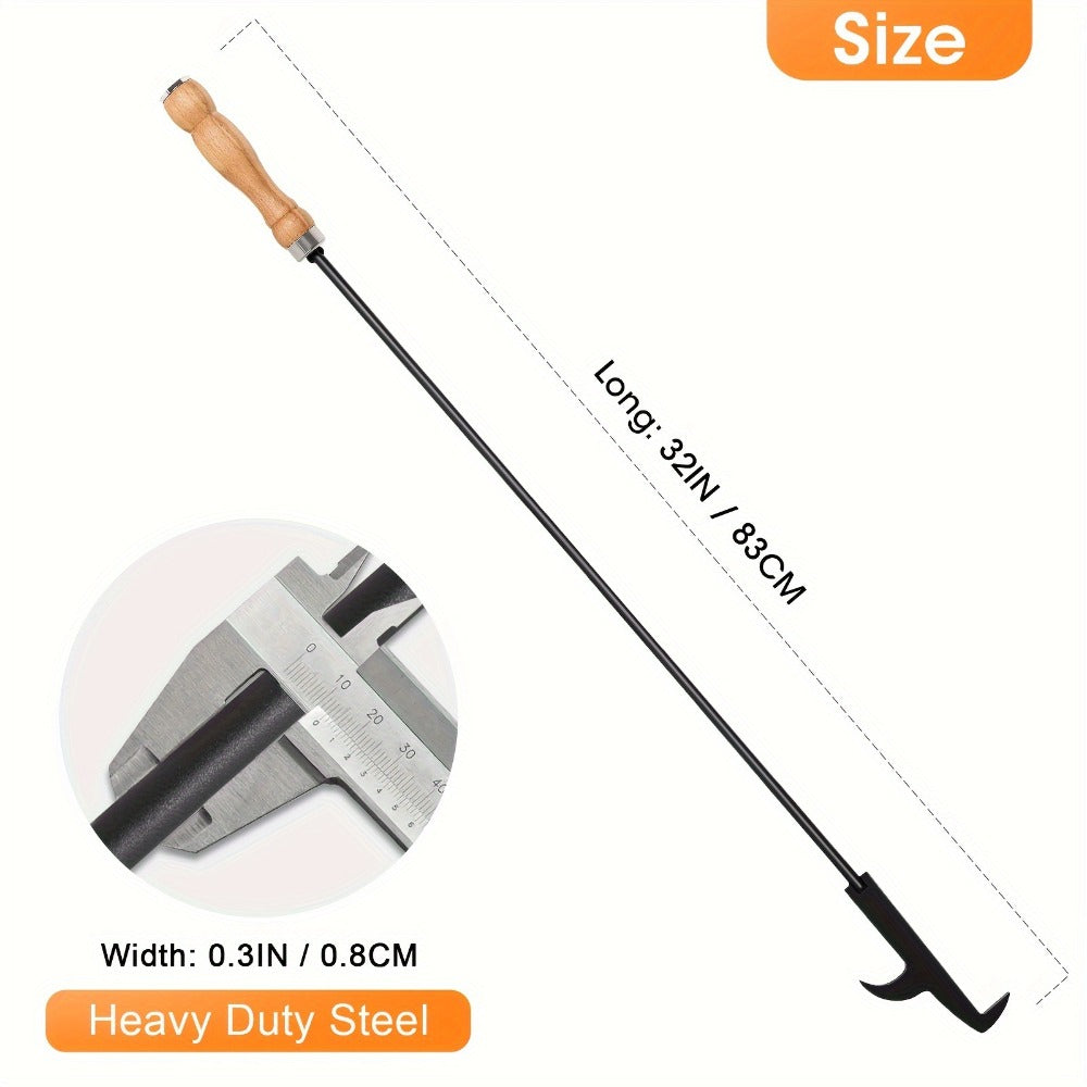 Fire Pit Poker 32 Inch, Wrought Iron Fire Poker Stick with Wooden Handle and Barb Hook, Collapsible Campfire Poker for Fireplace