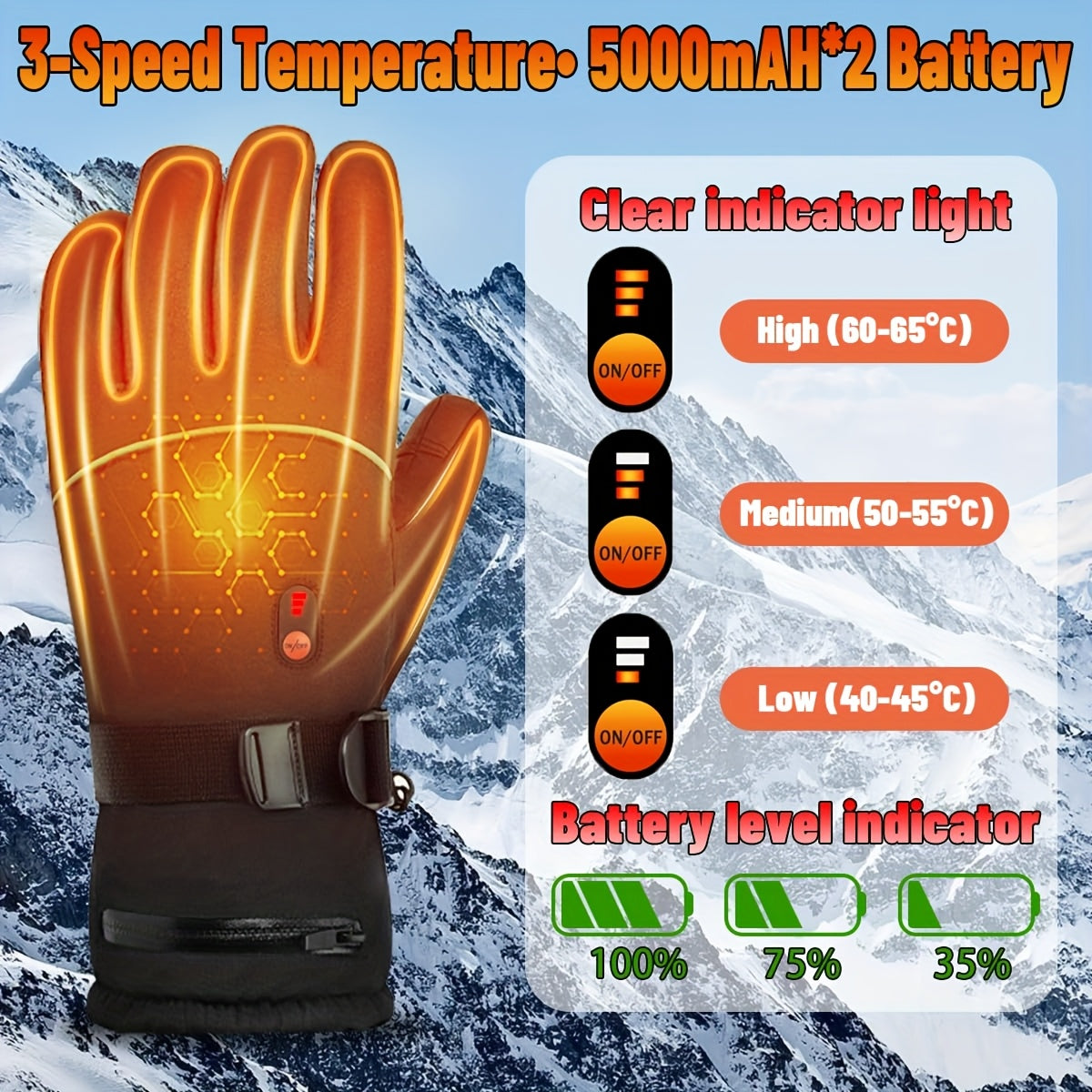 Rechargeable Full-Finger Heated Gloves with 2 × 5000mAh Battery Packs, Three Heat Levels and Touchscreen Fingertips