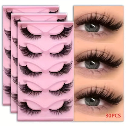 Wispy Cat-Eye False Eyelashes, 30-Piece Pack with Clear Bands in Stacked Pink Storage Trays