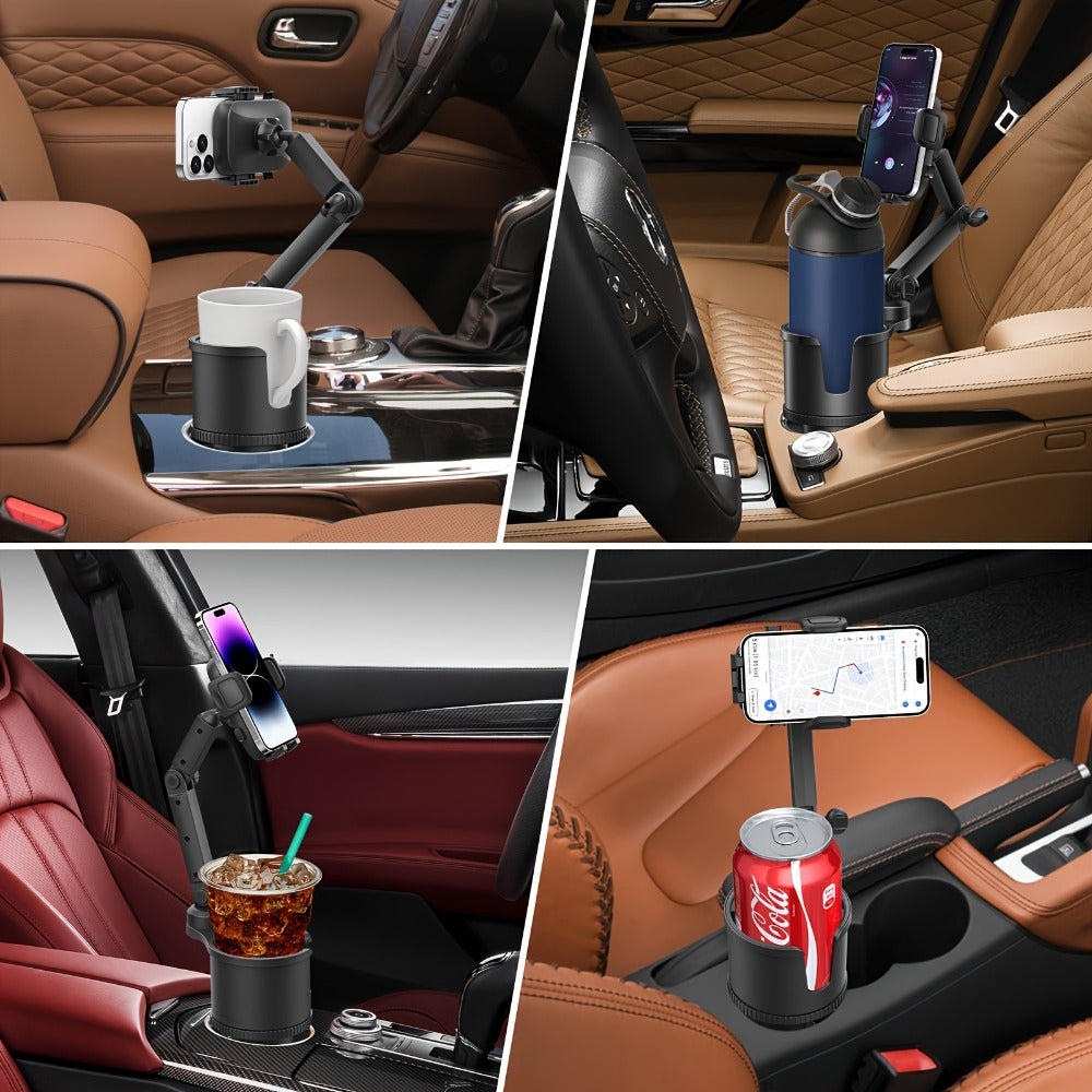 2-in-1 Car Phone Holder & Cup Holder Extender – Swivel Rotating Mount with Shock-Absorbing Trim, Universal for Cars, SUVs & Trucks, Black