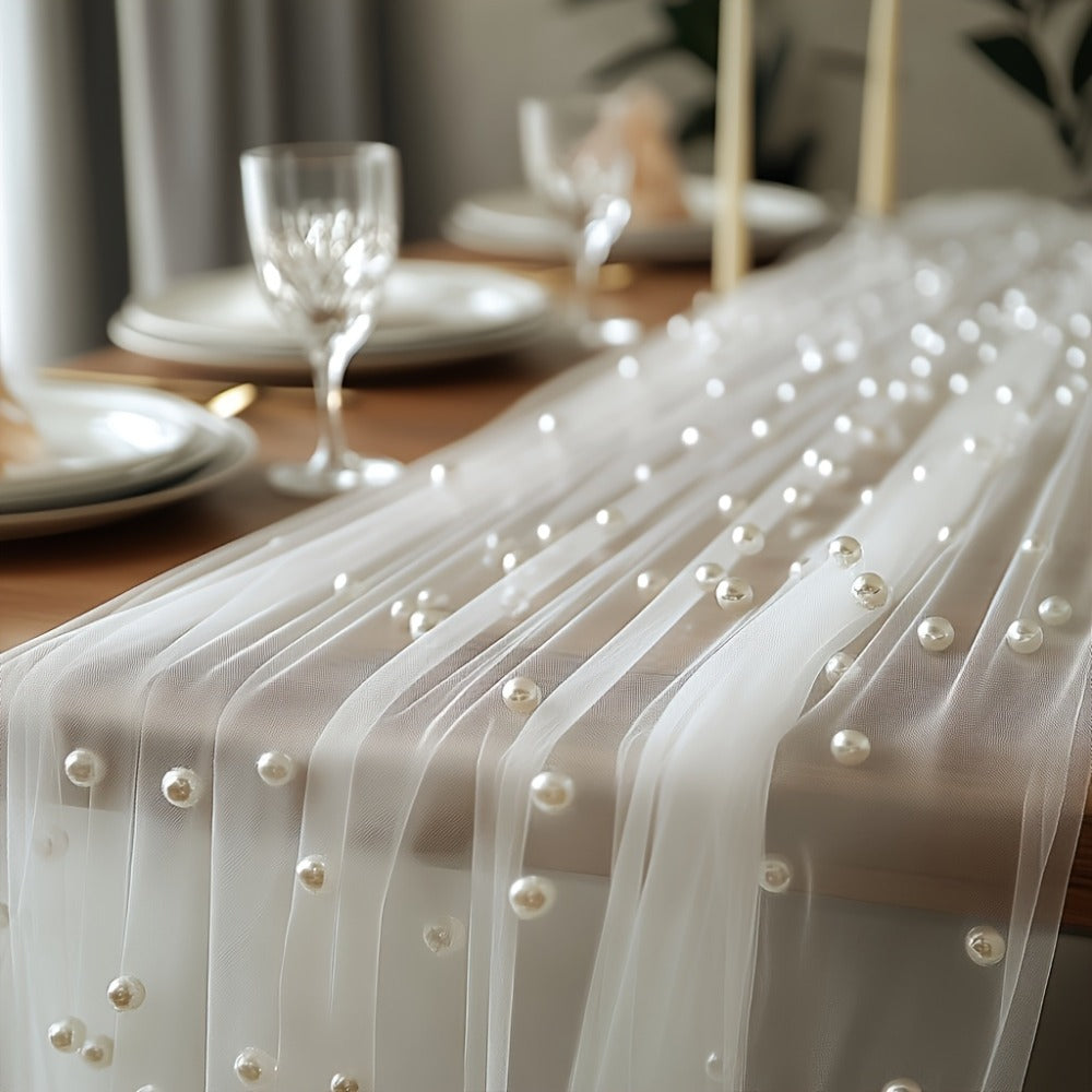 White Pearl Sheer Tulle Fabric Roll 160x300cm – Elegant Organza Mesh for Wedding Backdrop Table Skirt Window Drape Party Decoration Bridal