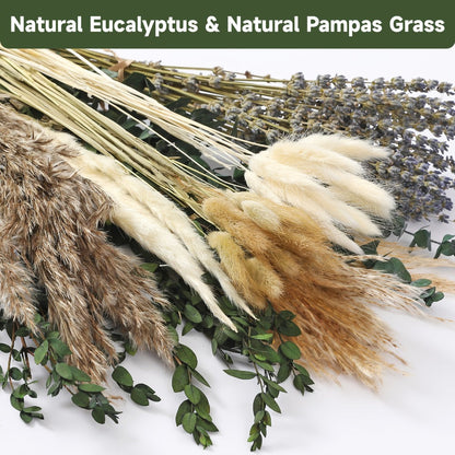 Boho Pampas Grass Dried Flower Arrangement, Lavender Eucalyptus Bouquet with Gemstone Accents for Home Decor