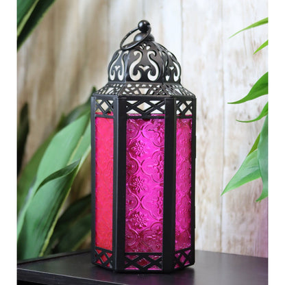 Moroccan Candle Lantern Holder - Decorative Metal & Glass Lantern with Embossed Floral Design for Indoor Home Decor