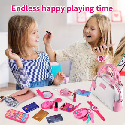 Pink Princess Play Purse Set for Girls, Pretend Makeup Handbag with Phone, Lipstick, Keys & Crossbody Bag