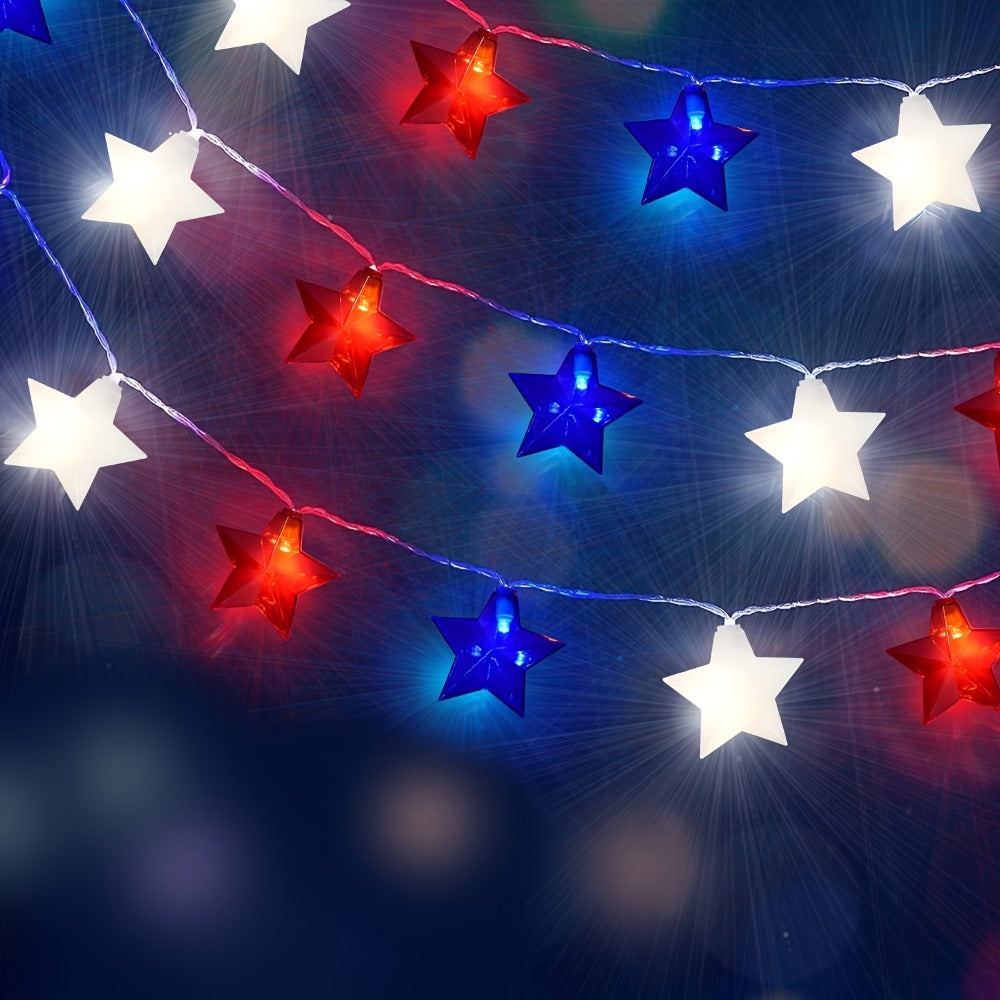 String Lights, Red White and Blue Star Lights with Plug-In Power, 8.5- or 12-Foot Length and 10 or 20 LEDs