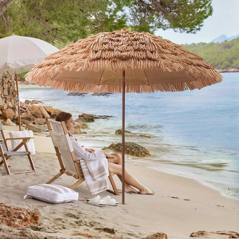 Patio Umbrella 7.5FT Thatch-Style Tiki Design with Steel Pole, Iron Frame, Push Tilt and One-Piece Option