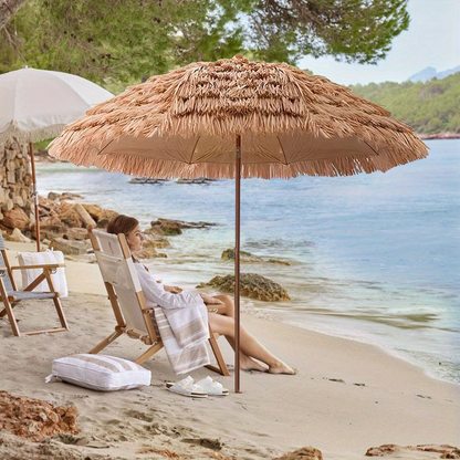 Patio Umbrella 7.5FT Thatch-Style Tiki Design with Steel Pole, Iron Frame, Push Tilt and One-Piece Option