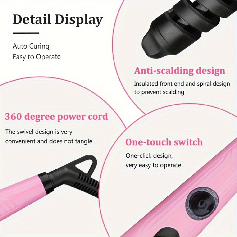 Spiral Barrel Curling Iron with One-Button Operation, Swivel Power Cord and Blue or Pink Finish