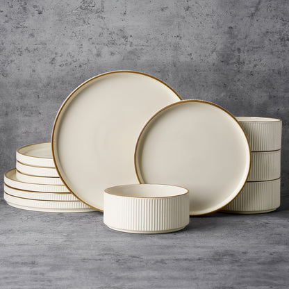12-Piece Ribbed Dinnerware Set for Four with Dinner Plates, Salad Plates and Cereal Bowls in Two Cream Tones