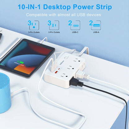 Surge Protector Power Strip 10-in-1 with 6 AC Outlets, 2 USB-A, 2 USB-C, Flat Plug and 5 ft Extension Cord