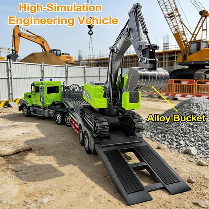RC Semi Truck with Flatbed Trailer & Alloy Excavator Set 1:12 Scale, 11-Channel Dual Control, Sound & Lights