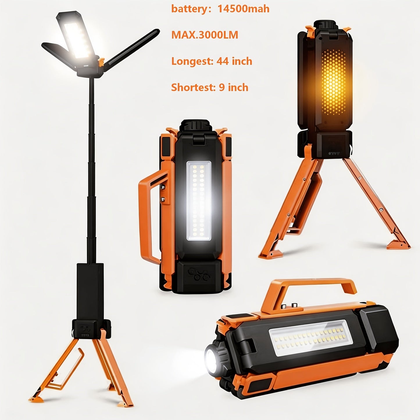 LED Camping Lantern with Tripod Stand, 6000/14500mAh Rechargeable Work Light, 10 Light Modes, 3 Height Adjustments