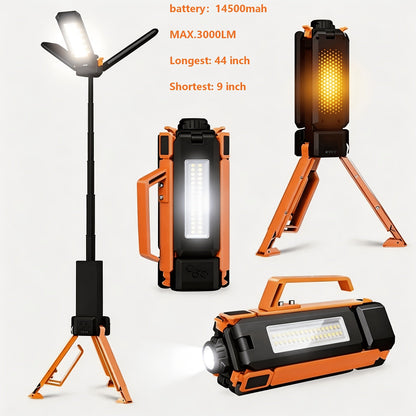 LED Camping Lantern with Tripod Stand, 6000/14500mAh Rechargeable Work Light, 10 Light Modes, 3 Height Adjustments
