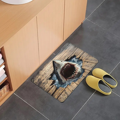 Shark Ocean Print Door Mat with Weathered Wood-Look Background in 40 x 60cm or 50 x 80cm Sizes