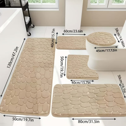 Memory Foam Bathroom Rug Set 5pcs – Non-Slip Absorbent Bath Mat Set for Sink Bathtub Shower Toilet, Machine Washable, Soft Plush Floor Mats