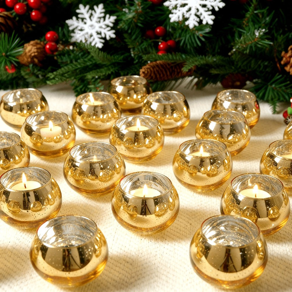 Round Glass Votive Candle Holder Sets in Gold, Pink, Silver or Green with 6-, 12- or 24-Piece Options