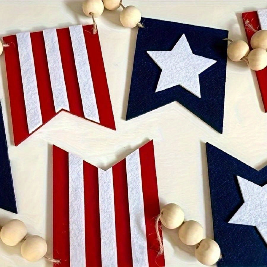 Patriotic Bunting Flags with Wood Bead Garland – 4th of July Red White Blue Hanging Banner Decor for Independence Day Party