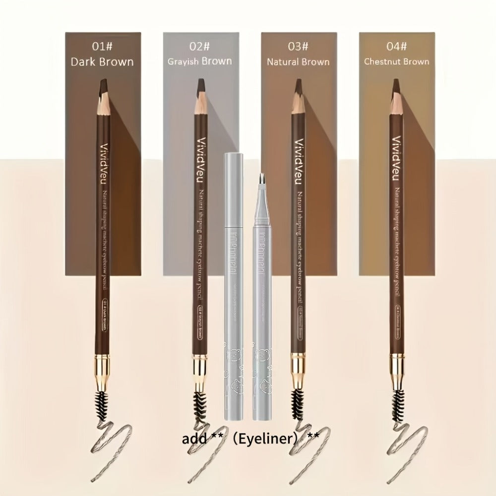 Microblading Effect Brow Pencil 4-Pack with Eyeliner, Waterproof Smudge-Proof Dual-Ended Eyebrow Pen with Spoolie Brush
