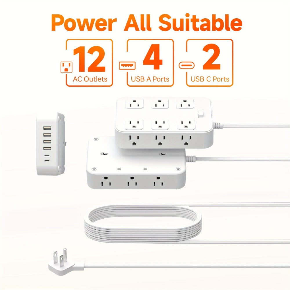 Wide Outlet Surge Protector Power Strip 18-in-1 with 12 Widely Spaced AC Outlets 4 USB-A 2 USB-C Ports Safe Portable Desktop Charging