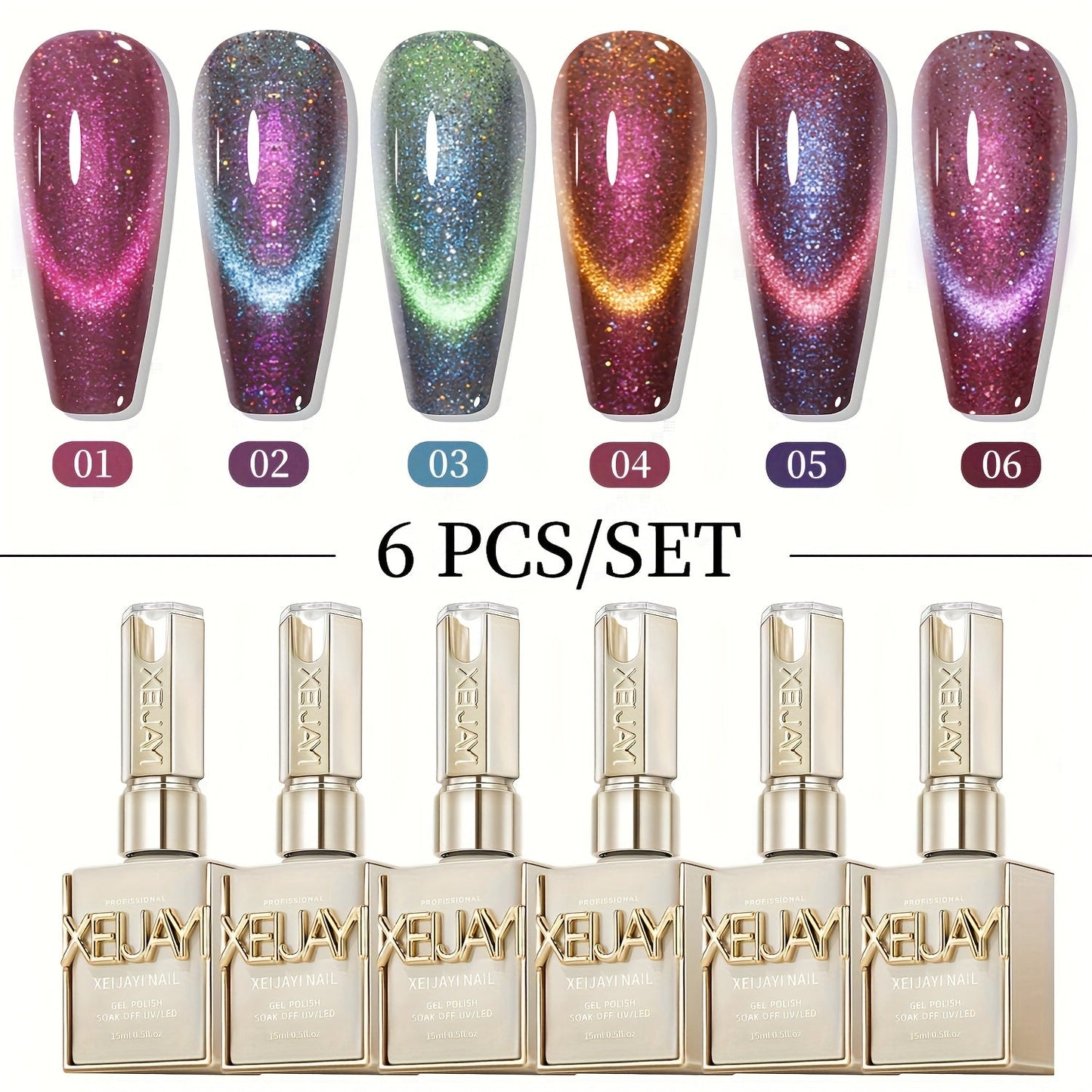 Cat Eye Gel Polish Set 6 Colors Holographic Magnetic – Dynamic Elf Reflective Soak Off UV LED Nail Gel 0.51oz Each | Multidimensional