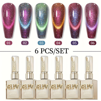 Cat Eye Gel Polish Set 6 Colors Holographic Magnetic – Dynamic Elf Reflective Soak Off UV LED Nail Gel 0.51oz Each | Multidimensional